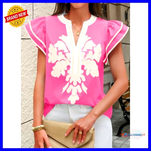 Ruffle Color Block Blouse Floral Print V Neck Pleated Loose Fit Summer Top - Picture 3 of 7